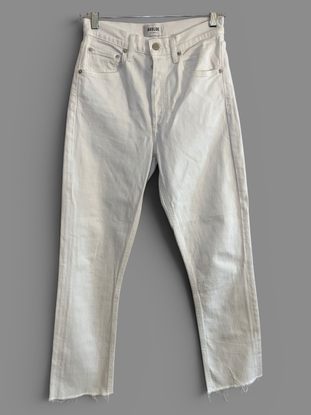 Agolde High-Rise White Denim Riley Jeans Size 26 Raw Hems Spotless